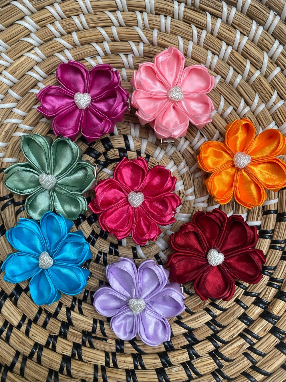 Set of 8 Colorful Flower Hair Clips - Hand Crafted